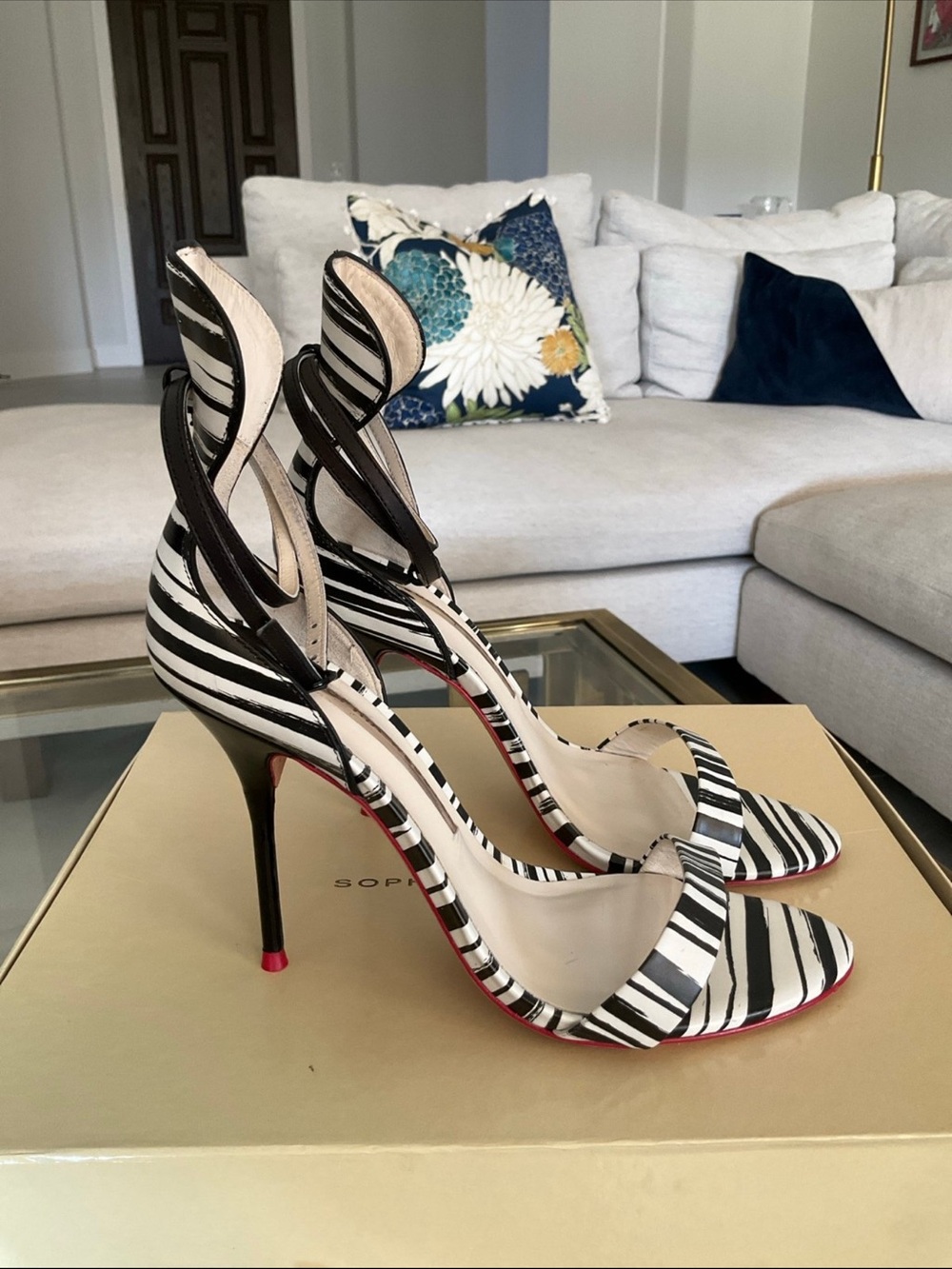 Sophia Webster Nicole black/white stripe red trim double ankle strap heels, 38.5 - Picture 4 of 13